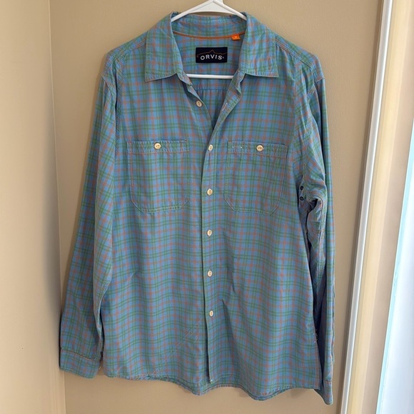 Orvis Plaid Button Down Lightweight Fishing Shirt Blue Orange - Picture 1 of 9